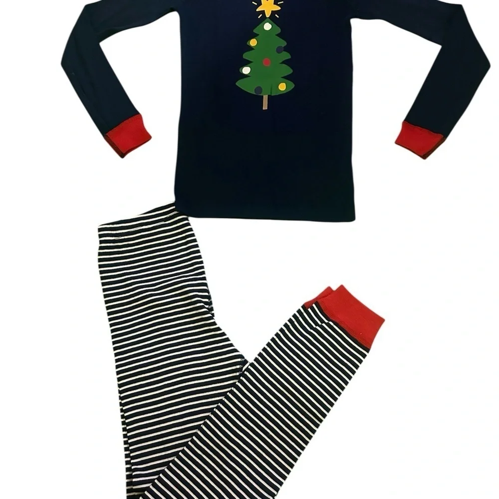 Festive Navy Christmas Tree Pajama Set for Kids